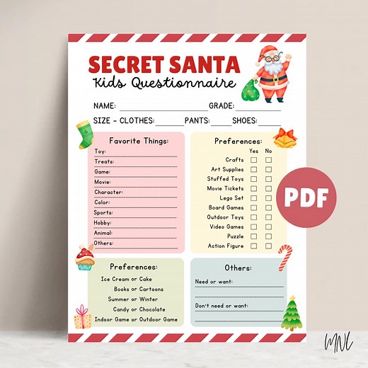 Secret Santa Questionnaire for Kids Christmas Party Gift Exchange Gift List Ideas for Secret Santa Gift Survey Printable Secret Santa Form - Etsy