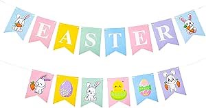 Spring Easter Day Banner - Assorted Color Hanging Paper Garland Bunting Banner Sign with Bunny and Carrot Decorations, Photo Backdrop for Wall Home Mantel Office Party Supplies