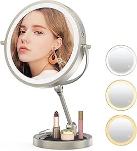 TopDirect 9"" Lighted Makeup Mirror, Height Adjustable Vanity Mirror with Lights, 1X/10X Rechargeable Magnifying Mirror, 3 Colors and 360° Rotation Double Sided Standing Cosmetic Desk Mirror, Nickel