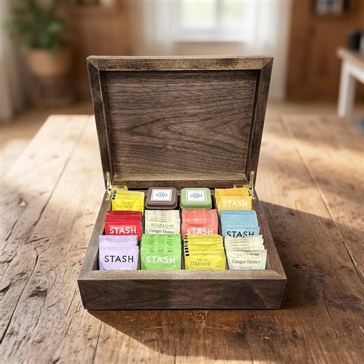 Walnut Tea Bag Organizer - 12 Slot Tea Storage Box - Etsy