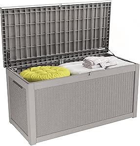 100 Gallon Deck Box - Weatherproof Outdoor Storage Bench with Lockable Lid, Waterproof Resin Garden Box for Patio Furniture, Pool Accessories, All-Weather Use Storage Box, Grey