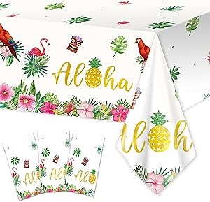 Upgraded, 3 Pack Premium Hawaiian Luau Aloha Tablecloth, Made of Aluminum Film, Non Plastic, Classic Design, HD Printing, 54x108in, Perfect for Summer Tropical Beach Pool Party Decorations