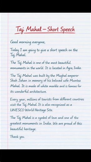 Taj Mahal Speech in English | Short Speech on Taj Mahal
