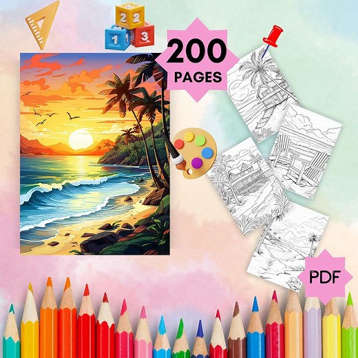 Beach Landscape Coloring Pages for Adults (PDF Download) - Etsy