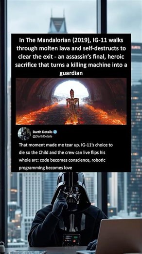 In The Mandalorian (2019), IG-11's heroic sacrifice that turns a killing machine into a guardian
