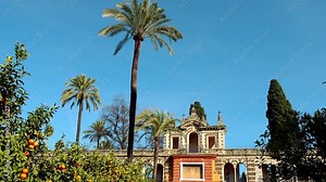 SEVILLE, SPAIN - JANUARY 28 2017: Alcazar Gardens. Alcazar of Seville is royal palace in Seville, Andalusia, Spain, originally developed by Moorish Muslim kings.