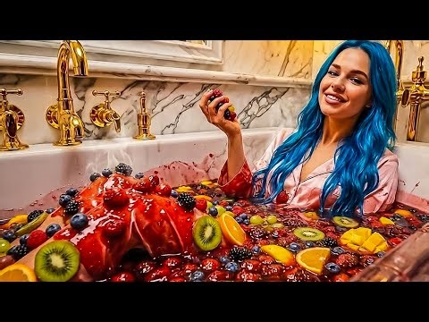 🍓 ASMR: Silk Nightgown Meets 100 Liters of Strawberry Jam in a Clear Glass Bathtub! Oddly Satisfying