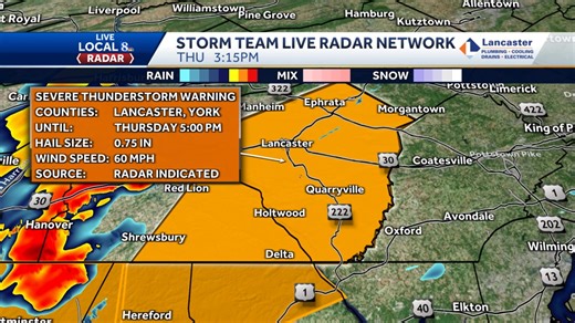 A Severe Thunderstorm Warning has been issued for parts of Lancaster, York county(ies) until Jun 19 5:00PM. Seek shelter indoors now! Stay with WGAL-TV and WGAL.com for updates. Track on radar: https://www.wgal.com/weather/radar | WGAL News Channel 8 Susquehanna Valley, Pa.