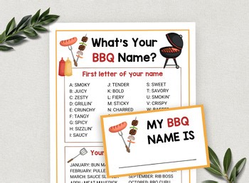 What's Your BBQ Name, Barbeque Theme Classroom Activity, Summer Camp Game