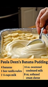 Paula Deen’s Banana Pudding -Don't LOSE this Recipe Ingredients 1 box (12 oz) vanilla wafers 6 bananas, sliced 2 cups cold milk 1 box (5 oz) instant vanilla pudding 1 package (8 oz) cream cheese, softened 1 can (14 oz) sweetened condensed milk 1 container (12 oz) whipped topping, thawed... Full recipe in comments 👇 | Tasty Recipes
