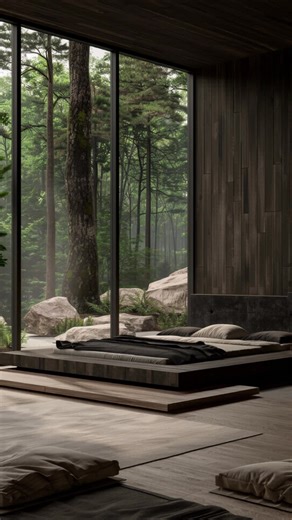 Dark Modern Nature Japandi bedroom 🌑🌿 Deep tones, forest light, and quiet calm. A space where minimal design meets nature and rest feels effortless. #DarkJapandi #ModernJapandi #NatureMinimalism #JapandiStyle #QuietLuxury