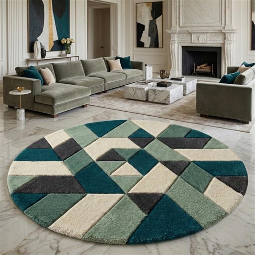 Round Geometric Rug | Triangle Pattern Circle Rug | Mid Century Modern Teal Handmade Wool Carpet. - Etsy