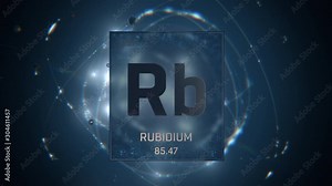 Rubidium as Element 37 of the Periodic Table. Seamlessly looping 3D animation on blue illuminated atom design background with orbiting electrons. Design shows name, atomic weight and element number