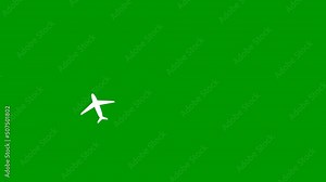 Animated white plane flies along a trajectory. Concept airplane travel, trip, journey, tour. Looped video. Vector illustration isolated on green background.