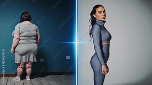 Woman experiencing comprehensive body transformation, progressing from overweight condition to achieving healthy, fit physique through dedicated lifestyle changes and personal wellness journey Stock Video