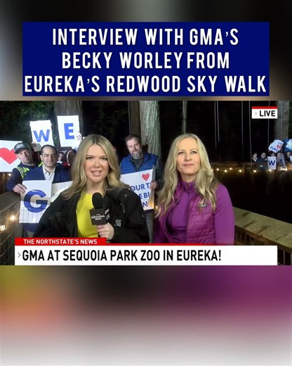 The Northstates News' Emma Underwood interviewed Good Morning America's Becky Worley this morning at the Redwood Sky Walk at Sequoia Park Zoo in Eureka. Worley and GMA were there to highlight what makes California and communities like Eureka unique as the event coincides with the City of Eureka's 170th anniversary. READ MORE: https://krcrtv.com/news/local/good-morning-america-to-broadcast-live-from-eurekas-redwood-sky-walk | KRCR News Channel 7