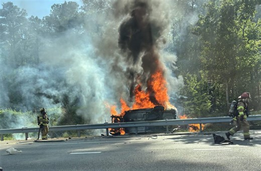 Vehicle engulfed in flames after crash on I-64E near Camp Peary