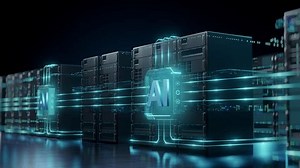 Modern data center with AI server racks connected by glowing blue lines, representing artificial intelligence, advanced computing, and data processing.