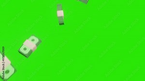 Animated money falling with raining down motion from top of green screen. Finance and cash falling, bills and savings.Money or inflation with economy, dollar or investment with profit. 4K 3d animation