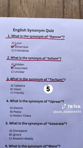 English Synonym Quiz; Can You Get 6/6 Correct? #Foryou #quizmasters #quizchallenge #braintest #viralvideo