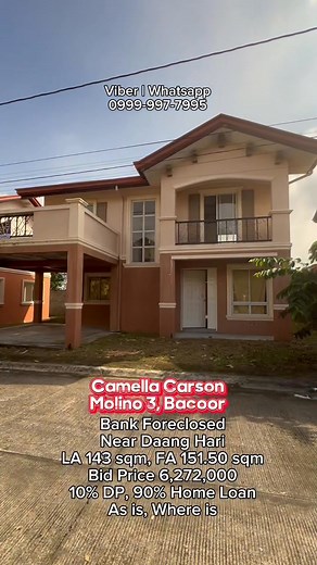 • BANK FORECLOSED in Camella Carson • Brgy. Molino 3 Bacoor (near Daang Hari) • 143 sqm lot 151.50 sqm floor area • As is, where is Location: Camella Carson, Carson Vista City, Brgy. Molino 3, Bacoor City, Cavite BIDDING on Nov. 10, 2025, Monday 3pm. Starting Bid Price 6,272,000 5% Reservation Fee (spot payment upon loan approval) 5% Downpayment (spot or 4 mos to pay) 90% Bank home loan payable up to 25 yrs ****Please take note that the bank will conduct a sealed bidding. Deadline for submission
