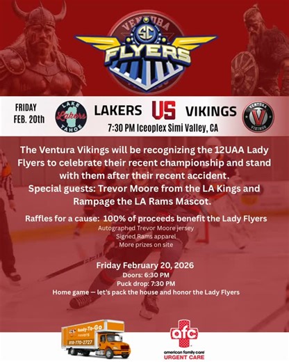 Ventura Vikings on Instagram: "FRIDAY NIGHT Feb. 20th, 2026 🏒 The Ventura Vikings are back home on Friday, February 20th at 7:30 PM as we take on the Lake Tahoe Lakers — and it’s going to be a special night. Before puck drop, we will be honoring the 12U AA Lady Flyers with a special pregame ceremony. These incredible young athletes are coming off a championship run and are now making their push toward Nationals. 💙 As many of you know, the Lady Flyers organization was recently impacted by a dev