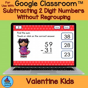 Subtracting 2-Digit Numbers No Regrouping Valentine Kids for Google Classroom™