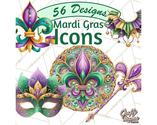 48 Png, Mardi Gras Clipart, Mardi Gras Party Decor PNG, Mask Beads Fleur De Lis Clip Art, Printable Carnival Icons, Purple Green Gold PNG - Etsy