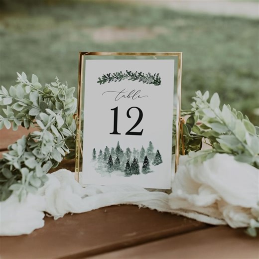 Winter Wedding Table Numbers – Emerald Green Forest Evergreen Trees – Mountain Lodge Wedding Table Numbers– Rustic Winter Theme#wa1 - Etsy