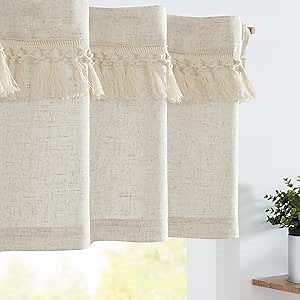 jinchan Boho Valance with Tassels Linen Kitchen Valance Curtain for Windows 18 Inch Beige Farmhouse Rustic Small Window Treatment for Living Room Laundry RV Light Filtering Back Tab 1 Panel Crude