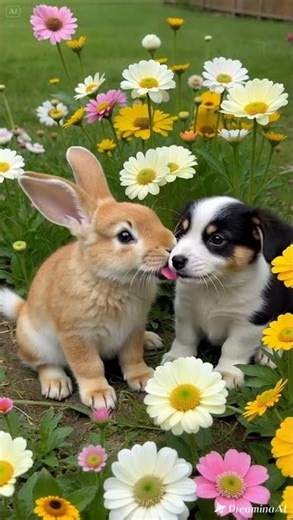 Bunny Kisses Puppy #bunny #puppy #kiss