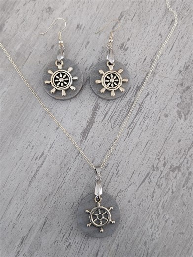 Nautical Silver Ship Wheel Wood Jewelry Set: Necklace and Earrings - Etsy