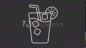 Animated lemonade white line icon. Ice cubes falling animation. Summer refreshment. Cold drink. Loop HD video with chroma key, alpha channel, transparent background. Outline motion graphic animation Stock Video