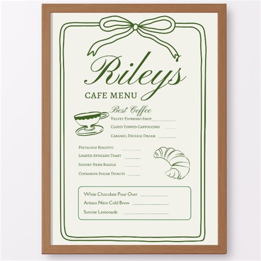 Café Drink Menu Template, Editable Coffee Bar Menu Sign, Parisian Café Party Decor, Green Bow Birthday Menu Printable, Canva Menu Template - Etsy