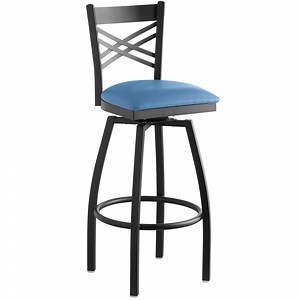 Lancaster Table & Seating Black Finish Cross Back Swivel Bar Stool with 2 1/2" Blue Vinyl Padded Seat