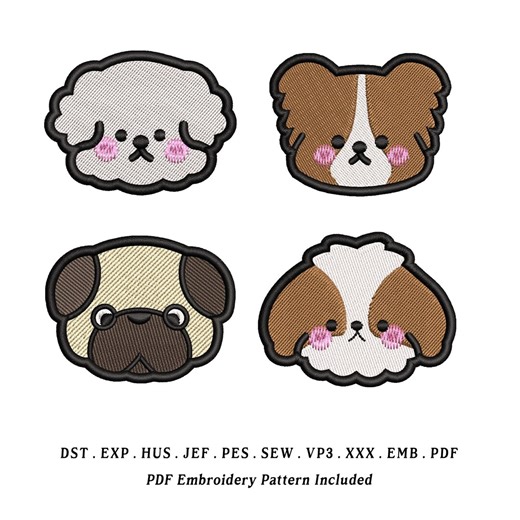 Dog Face Embroidery Designs – Pug, Shih Tzu, Bichon, Cavalier Kawaii Style (EMB Included) - Etsy