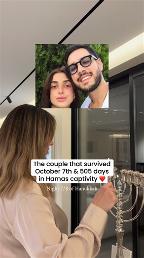 Tonight, on the seventh night of Hanukkah, I am thinking about the true love of Ziv and Eliya cohen. October 7th, Eliya was abducted from the bomb shelter he was sure Ziv was murdered in. For 505 days in captivity, Eliya didn’t know if Ziv was alive, and Ziv didn’t stop fighting for him. He only learned the truth after he came home: she had survived. Today, miraculously they are engaged. Their love is a testament to never letting the darkness win. May Ziv and Eliya’s love and their unwavering de