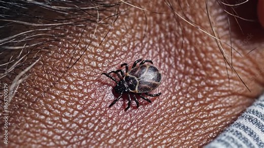 P724-Lyme disease and Deer tick crawling on skin as a bacterial infection health danger as the bite of a 4K 10s