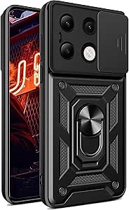Heavy Duty Case for Xiaomi Redmi Note 13 4G (Not 5G) with [Slide Camera Cover] [Magnetic Ring Kickstand], Shockproof Protection Phone Case for Redmi Note 13 4G SJ-Black