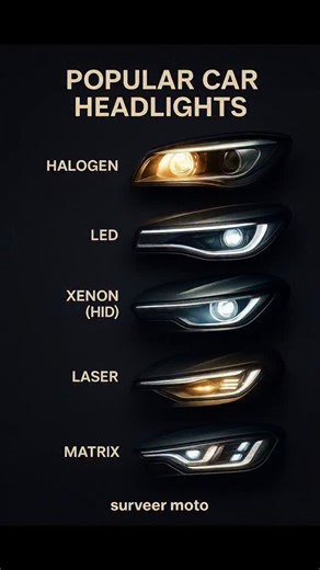 PK BHAI on Instagram: "🚘 POPULAR CAR HEADLIGHTS EXPLAINED 🔦 Do you know the difference between Halogen, HID, LED & Laser headlights? Each type has unique brightness, efficiency, and technology. ✨ Halogen – Basic & affordable 💡 HID (Xenon) – Brighter with wider spread 🔷 LED – Energy-efficient & long-lasting 🔭 Laser – Ultra-bright & futuristic 💬 Which one do you have in your car? Tell us in comments! 📌 Follow @surveermoto for more auto tech tips #CarHeadlights #AutoTips #SurveerMoto #CarLig