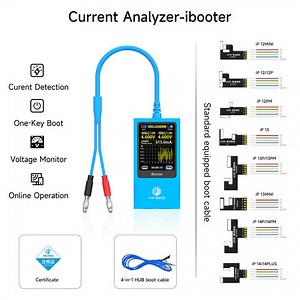 For iPhone 7-15 Pro Max Current Analyzer: JCID iBooter Key Features and Benefits One-button startup function: This feature allows technicians to easily start the device, improving safety and efficiency by eliminating the need for short circuits. Real-time monitoring: iBooter provides real-time monitoring of startup current, output voltage, load voltage, and power output. This feature is essential for identifying abnormal currents that may indicate potential hardware problems. Fault analysis and 