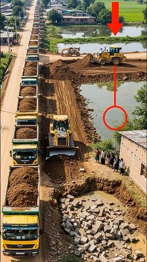 Massive Road Construction in Action Bulldozer Levels Soil as Trucks Line Up Non Stop