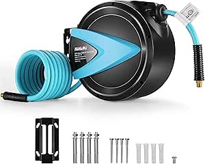 Himimi Retractable Air Hose Reel 3/8" 42FT, Hybrid Air Compressor Hose Reel Ceiling/Wall Mount for Garage Workshop, Pneumatic Air Reel with Auto Rewind/Brass Fittings/Bend Restrictors/300PSI