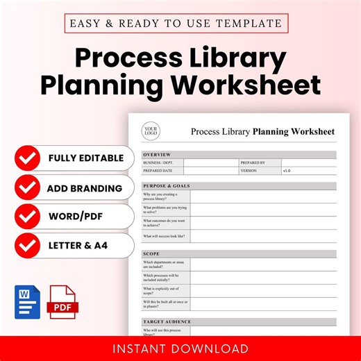 Process Library Planning Worksheet Template – Word & PDF, A4   US Letter - Etsy