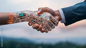 A digital handshake symbolizes collaboration between humans and technology