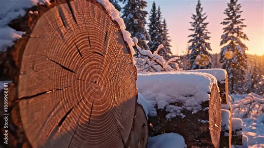 Snow Covered Logs in Winter Sunset - A close-up shows stacked logs covered in fresh snow, their cut ends displaying detailed tree rings.