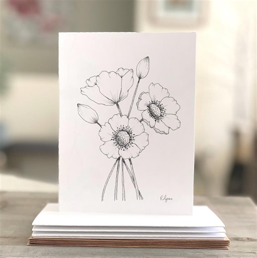Floral Notecard Set of 6 - Anemone Ink Sketch Handmade Art Note Cards - Blank Inside - Etsy