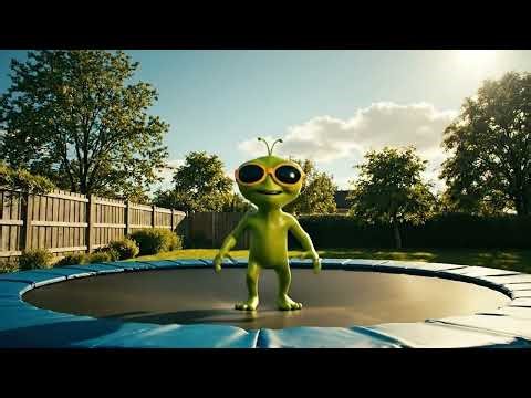 Cool Alien jumps on trampoline