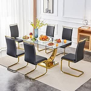 Gold Dining Table Set for 6,7PCS Glass Dining Room Table Set for 6, 63'' Rectangular Tempered Glass Top Kitchen Table Set and 6 Chairs for Dining Room Kitchen