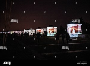 GENIUS LOCI WEIMAR 30/08/2024 - Buchenwald: Das Festival für Videomapping und Medienarchitektur Genius Loci Weimar am 30. August 2024 am Mahnmal Buchenwald. /                   *** GENIUS LOCI WEIMAR 30 08 2024 Buchenwald The festival for video mapping and media architecture Genius Loci Weimar on August 30, 2024 at the Buchenwald Memorial Stock Photo - Alamy